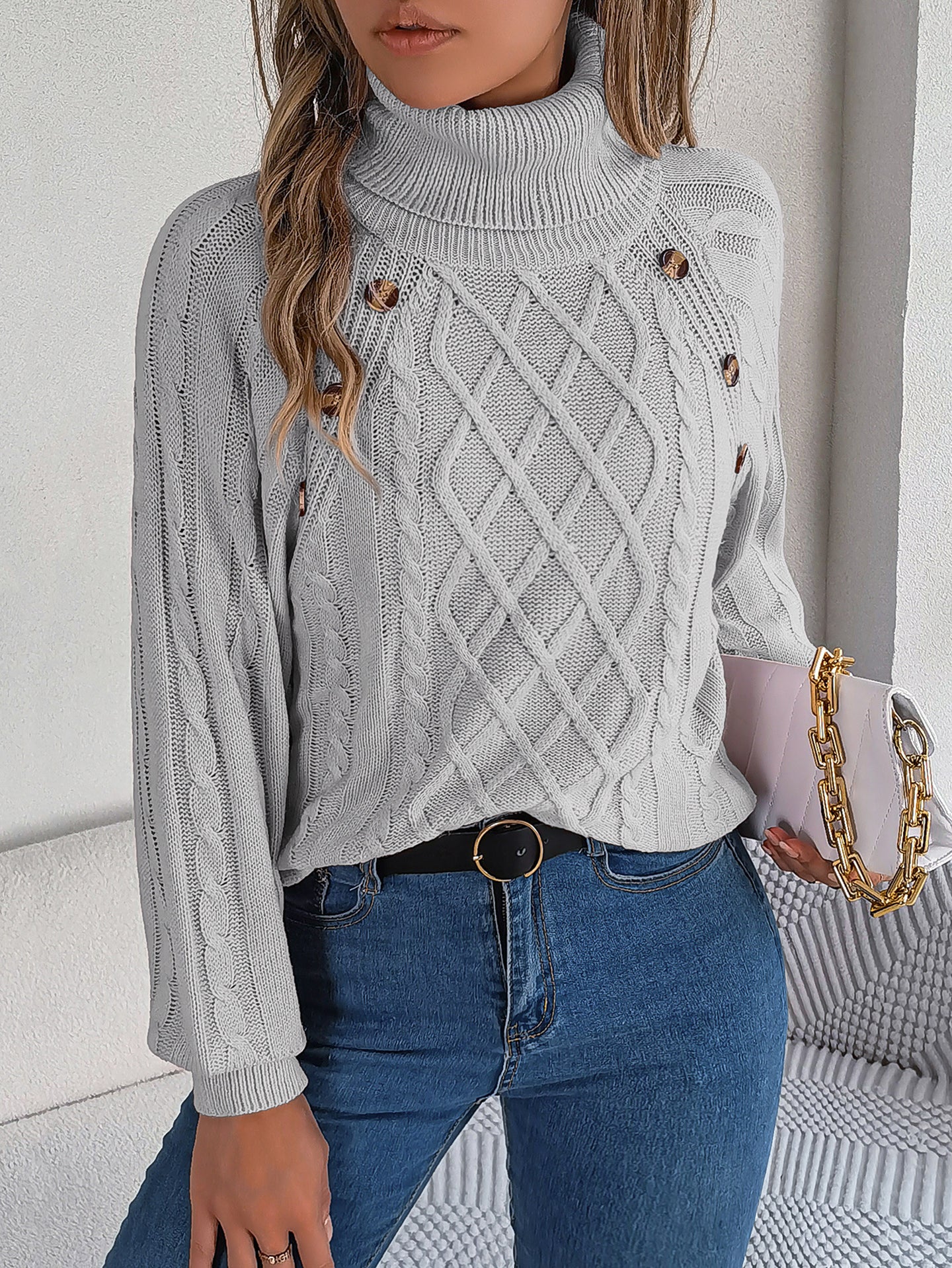 Women Cable Knit Turtle Neck Pullover Sweater