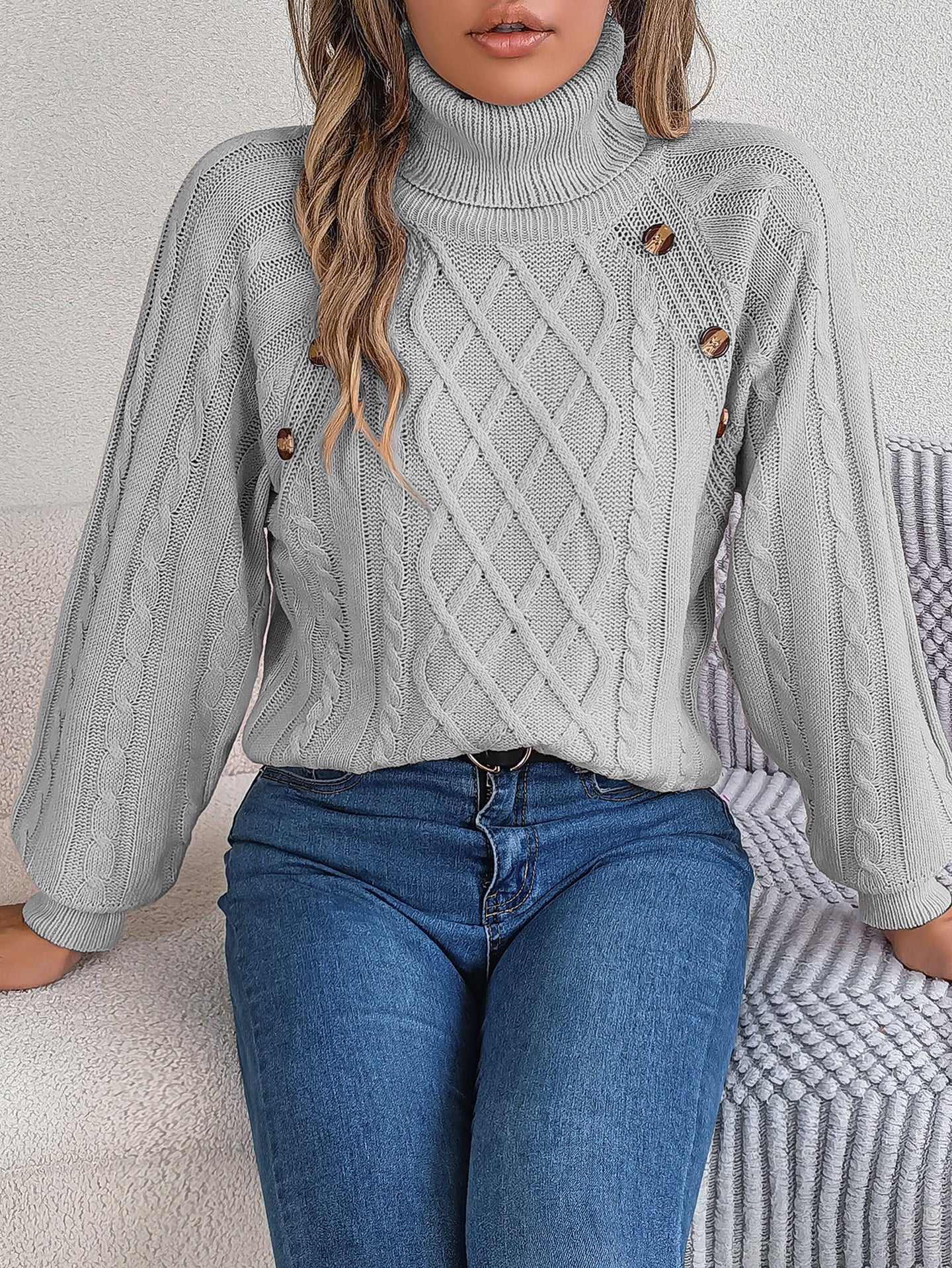 Women Cable Knit Turtle Neck Pullover Sweater