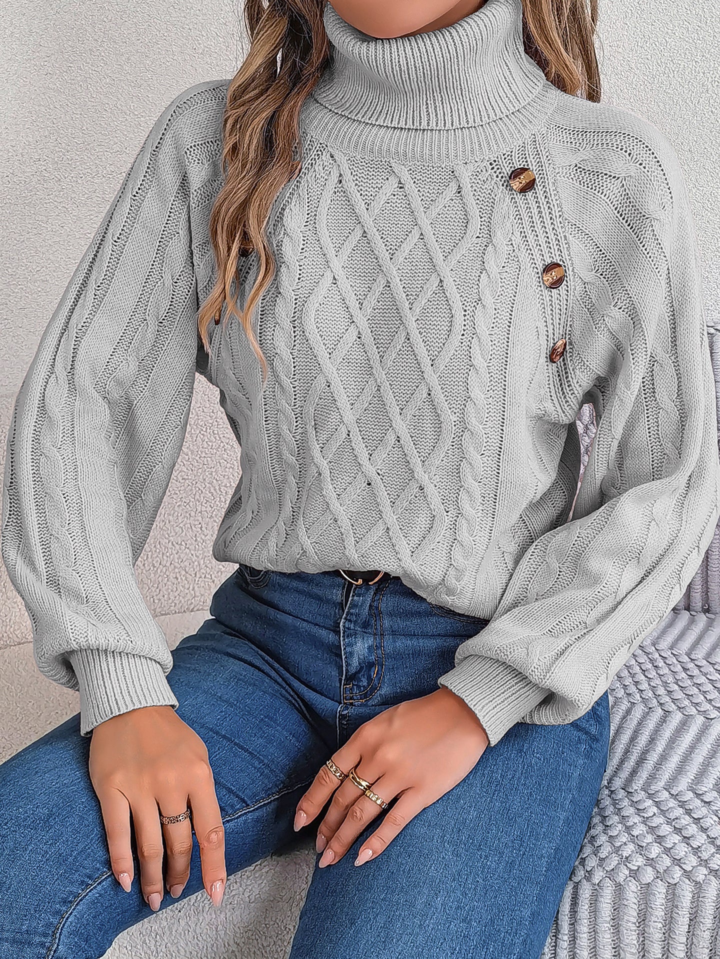 Women Cable Knit Turtle Neck Pullover Sweater