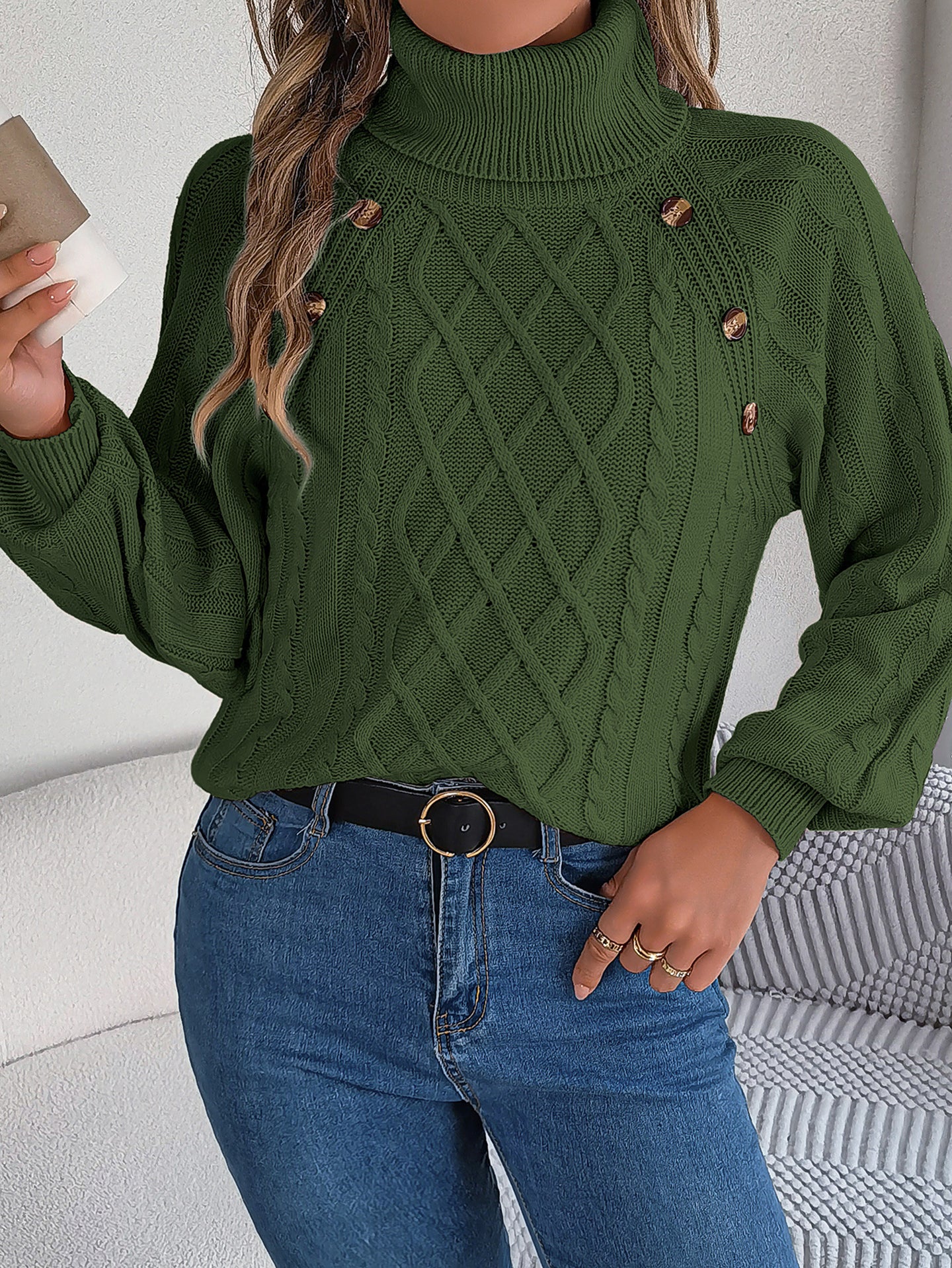 Women Cable Knit Turtle Neck Pullover Sweater