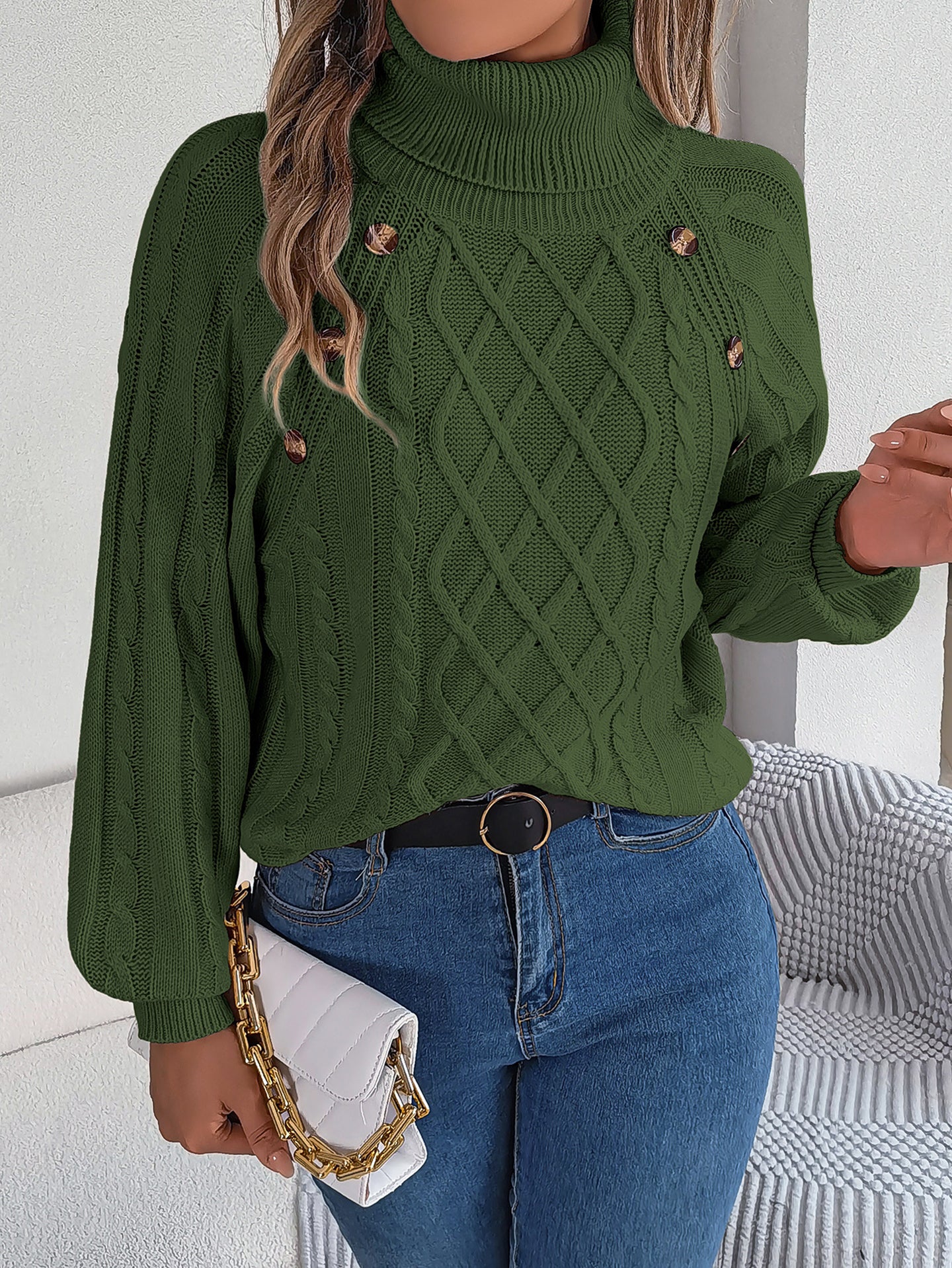 Women Cable Knit Turtle Neck Pullover Sweater