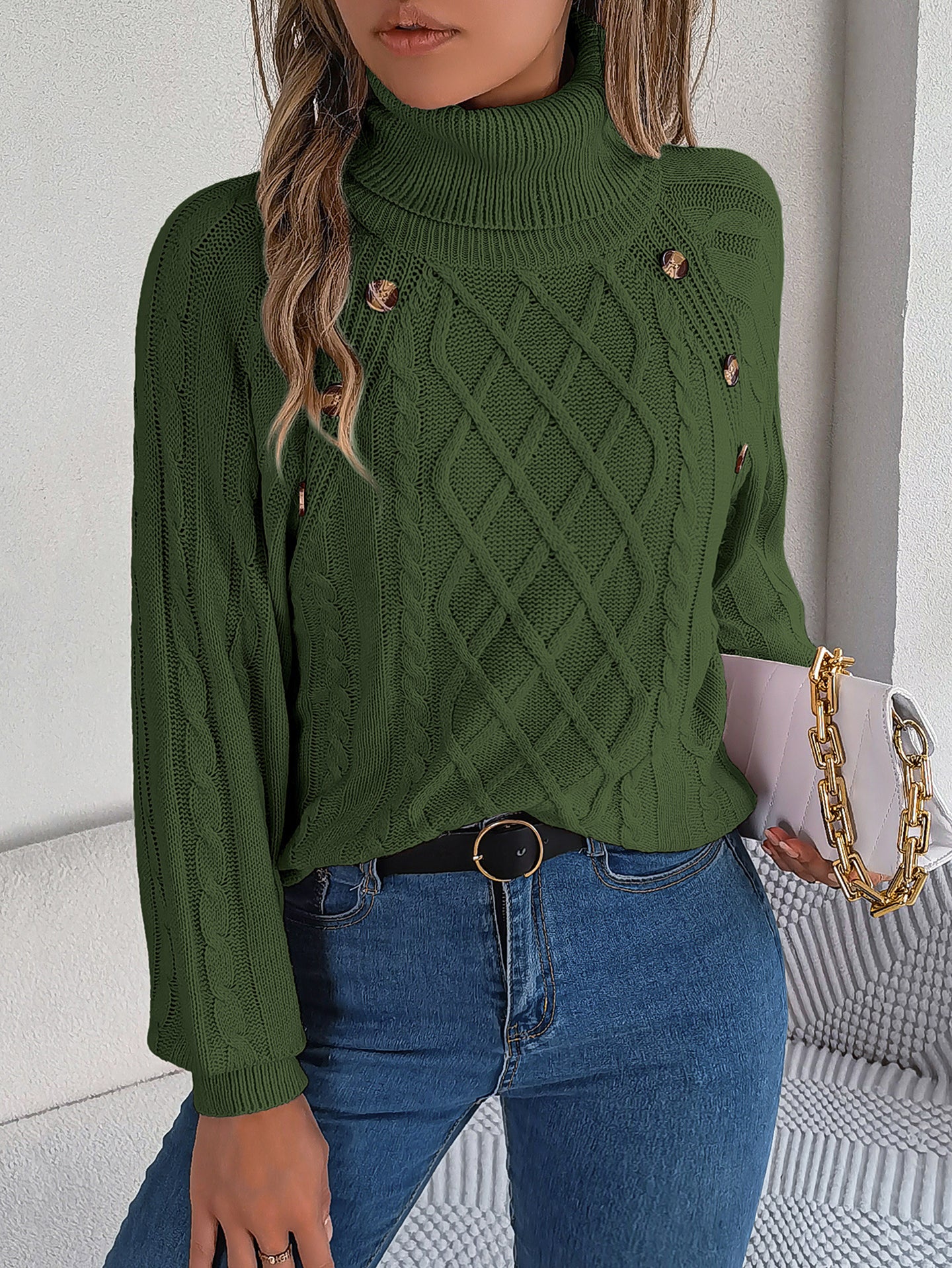 Women Cable Knit Turtle Neck Pullover Sweater