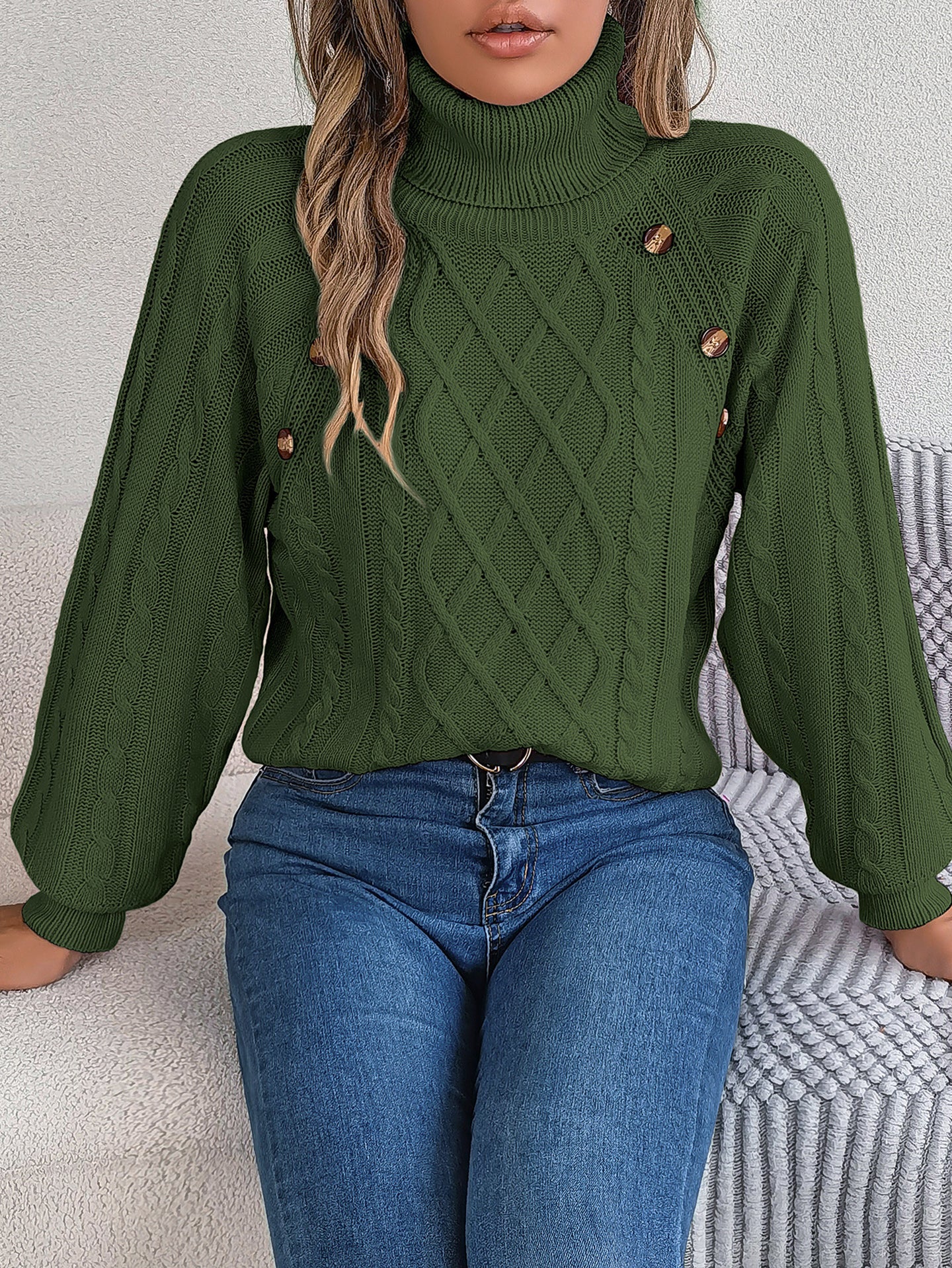 Women Cable Knit Turtle Neck Pullover Sweater