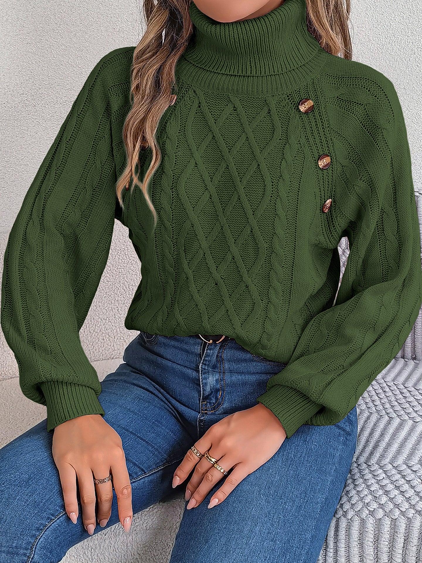 Women Cable Knit Turtle Neck Pullover Sweater