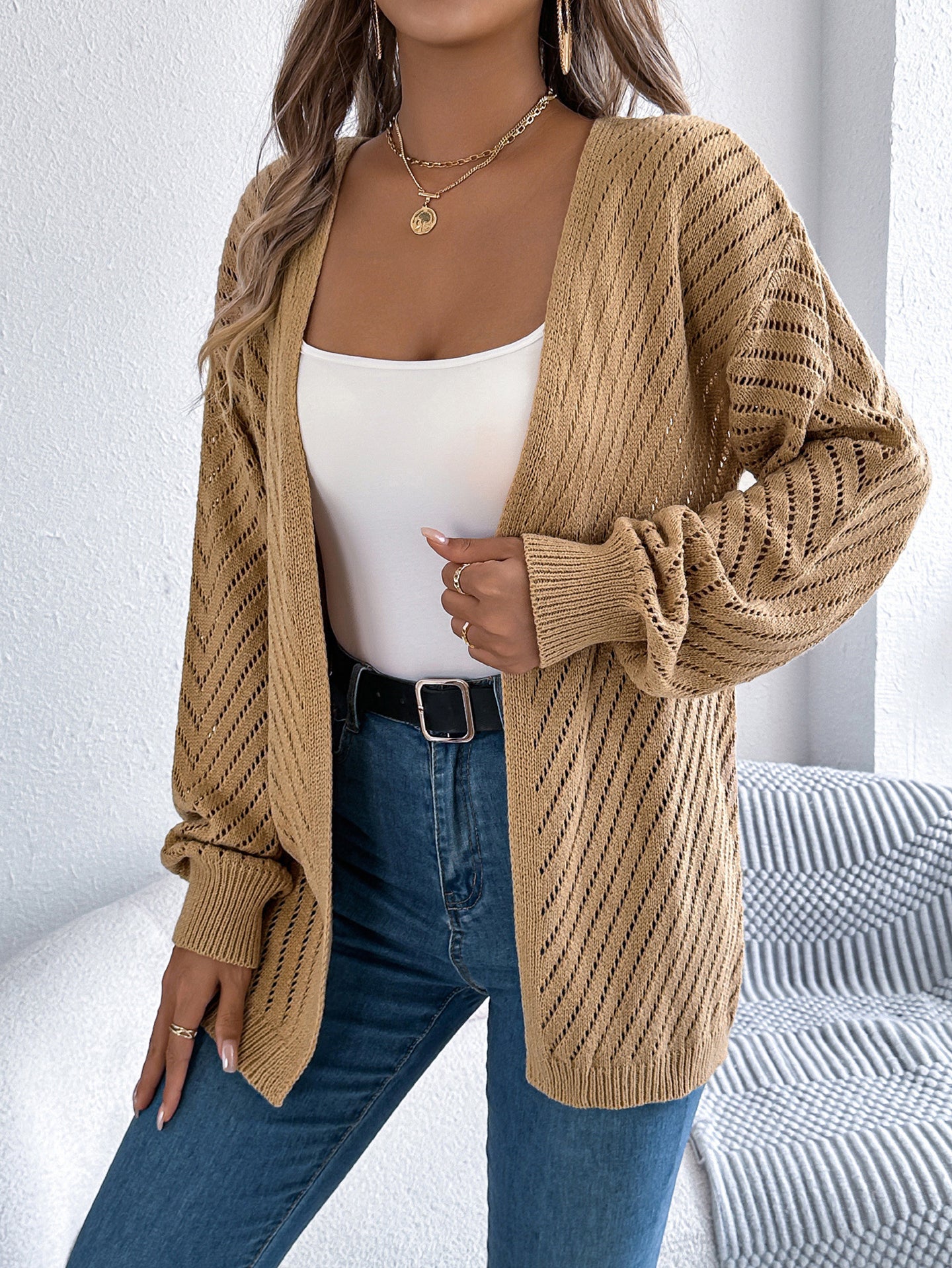 Khaki Coloured Self Design Open Front Acrylic Shrug