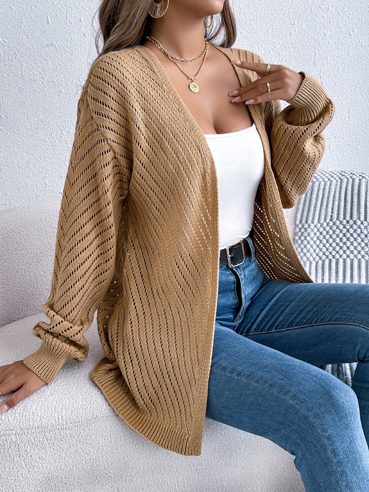Khaki Coloured Self Design Open Front Acrylic Shrug