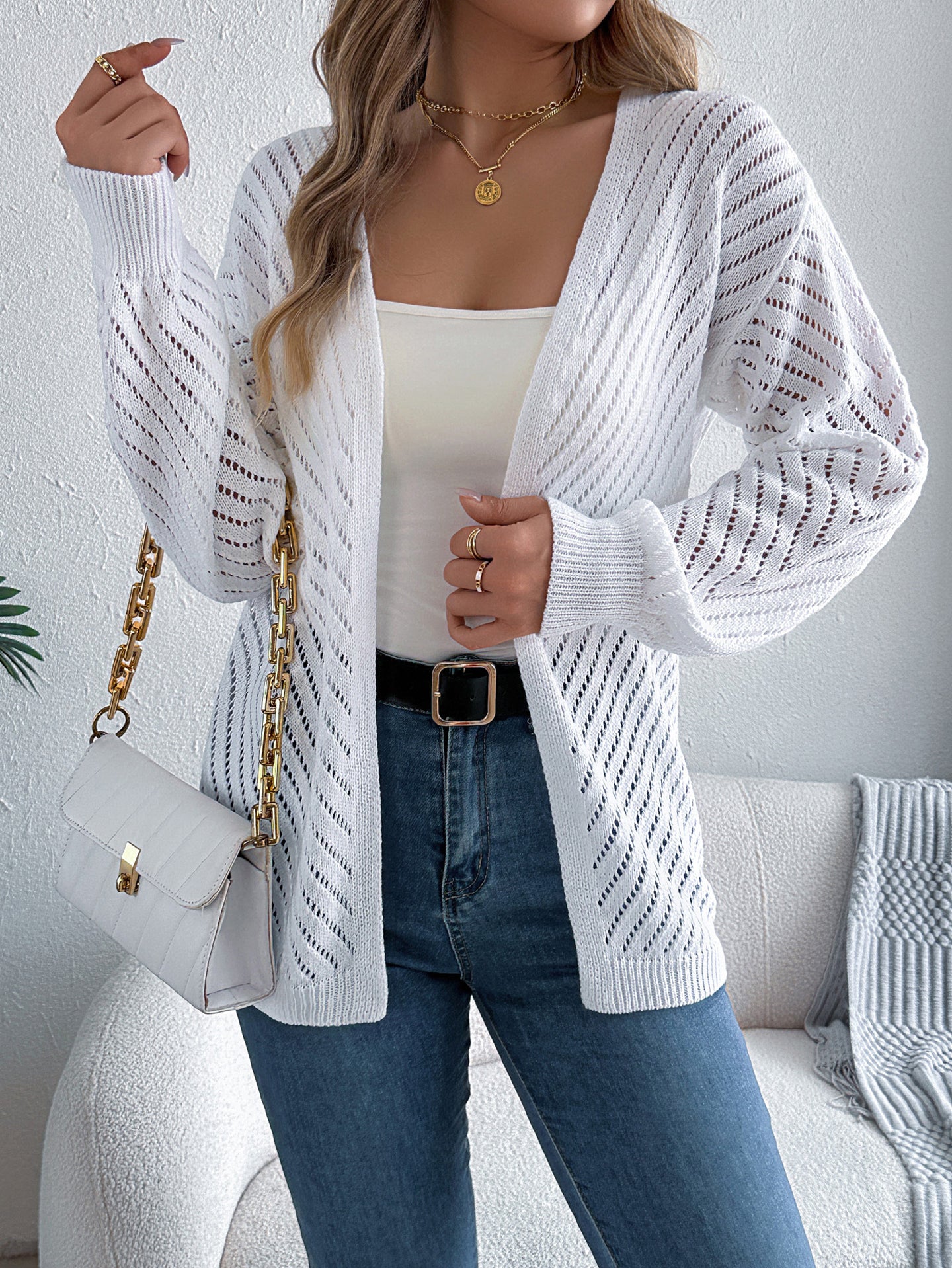 White Self Design Open Front Acrylic Shrug