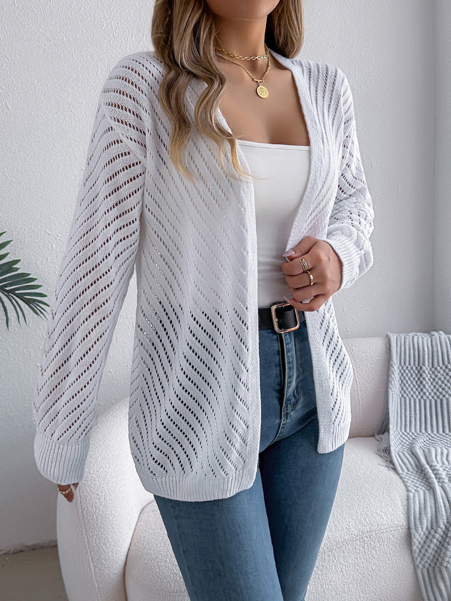 White Self Design Open Front Acrylic Shrug