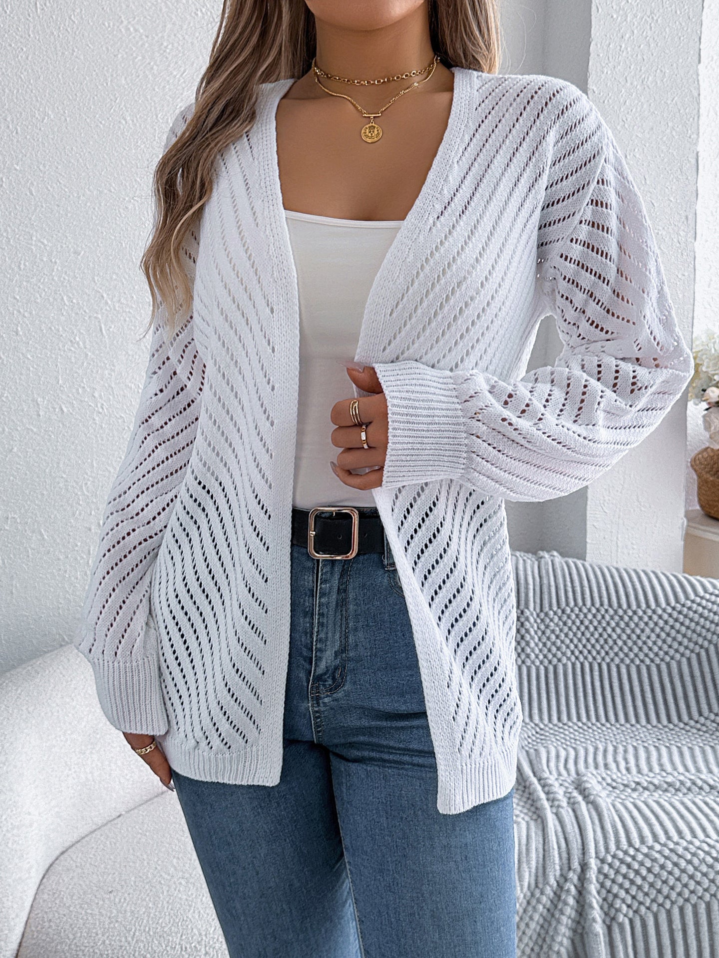 White Self Design Open Front Acrylic Shrug