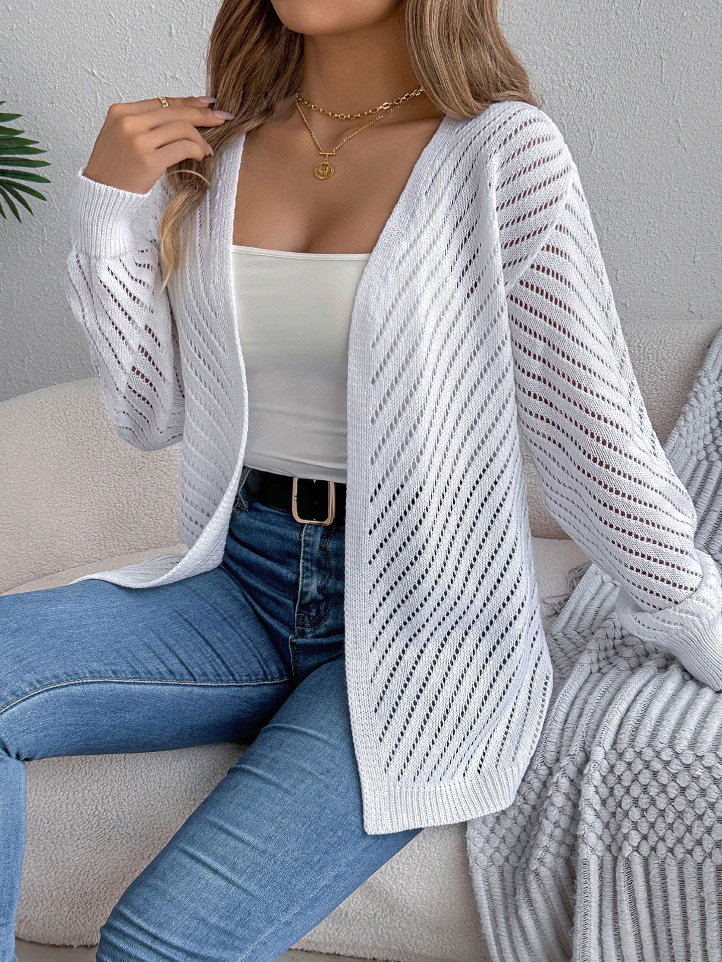 White Self Design Open Front Acrylic Shrug
