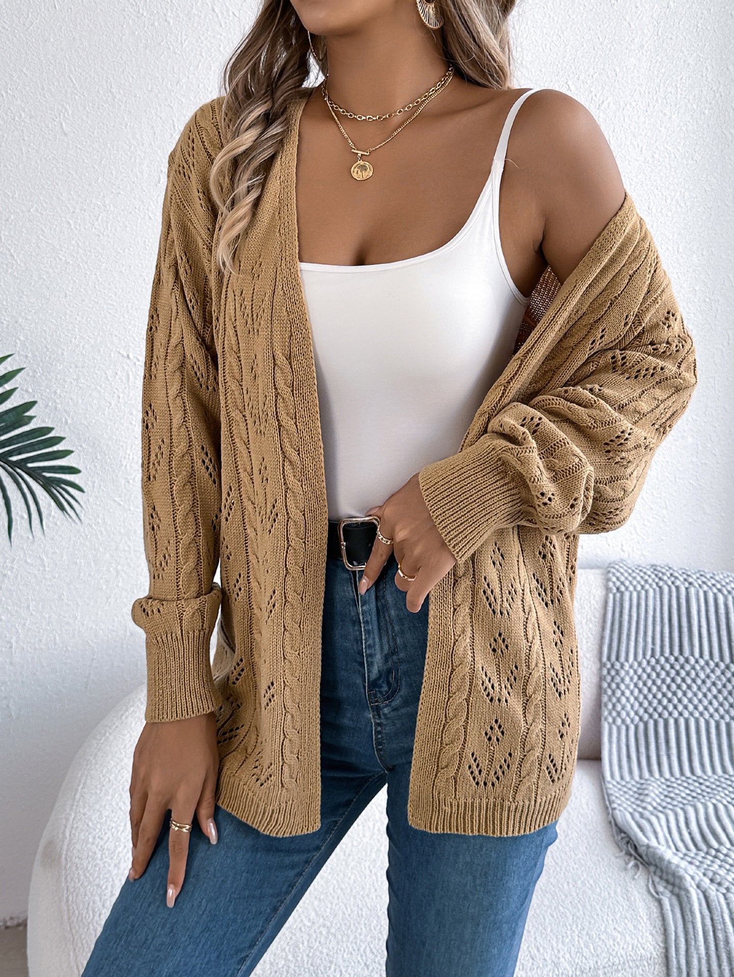 Khaki Coloured Self Design Open Front Acrylic Shrug