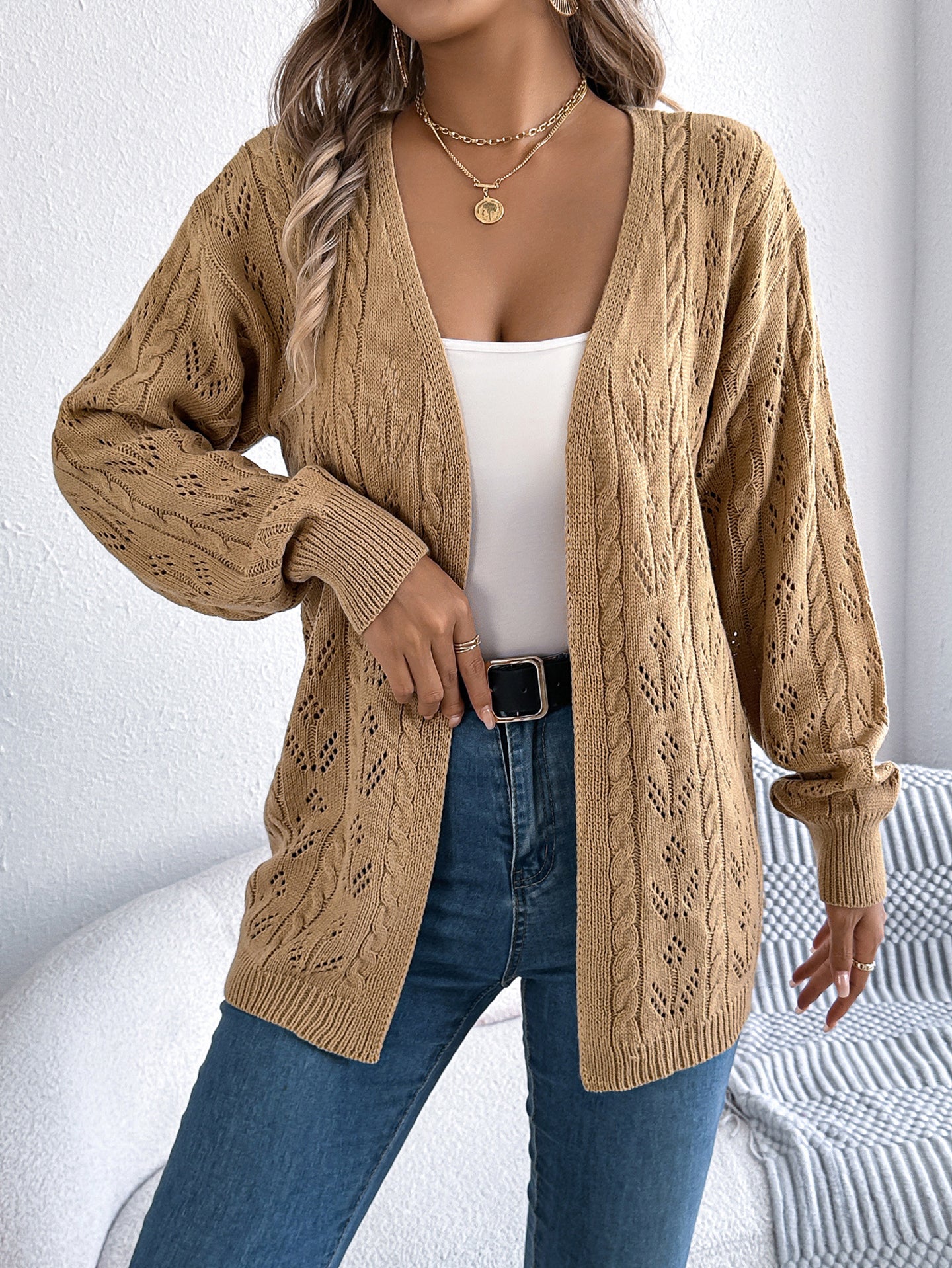 Khaki Coloured Self Design Open Front Acrylic Shrug