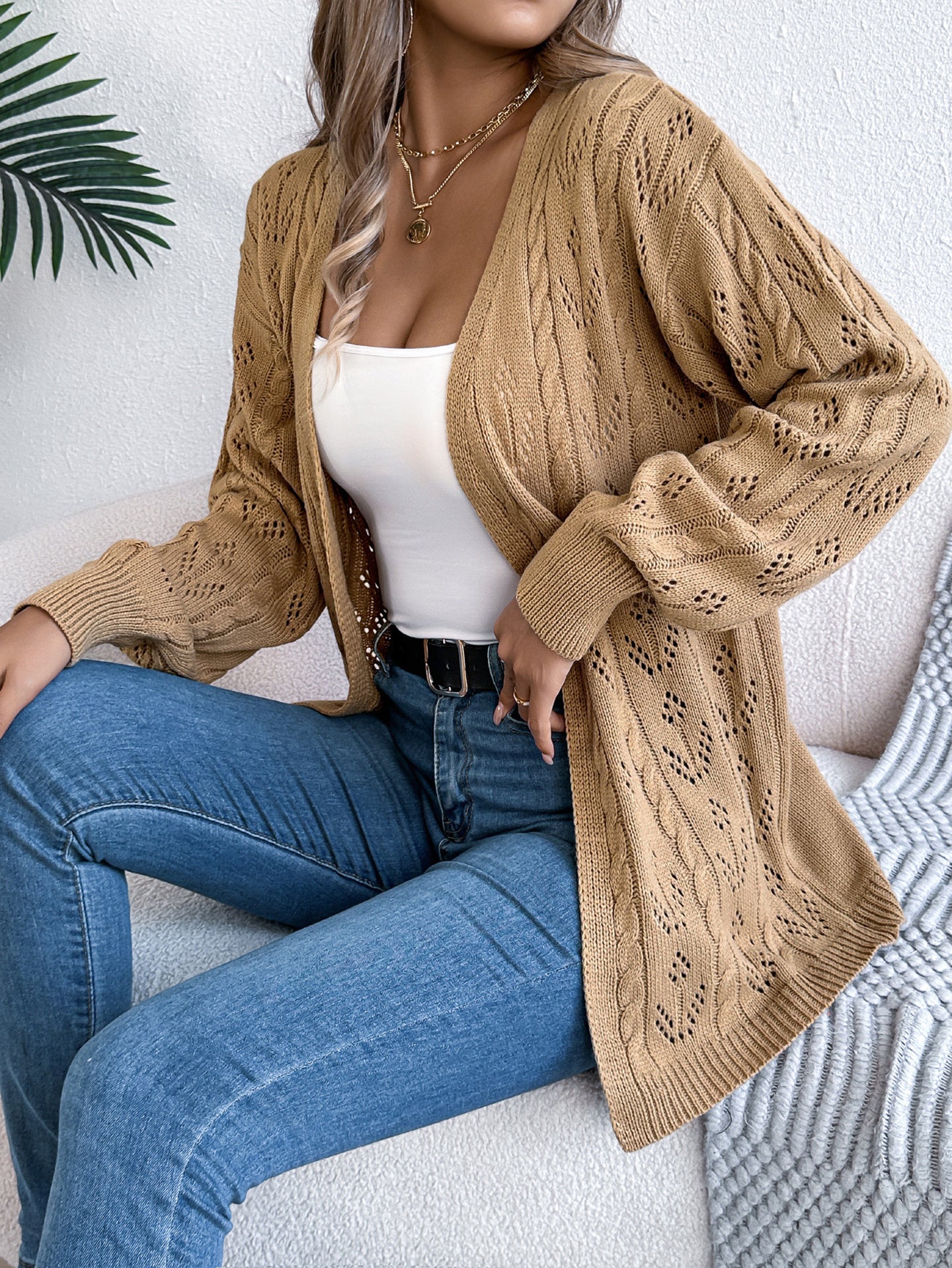 Khaki Coloured Self Design Open Front Acrylic Shrug
