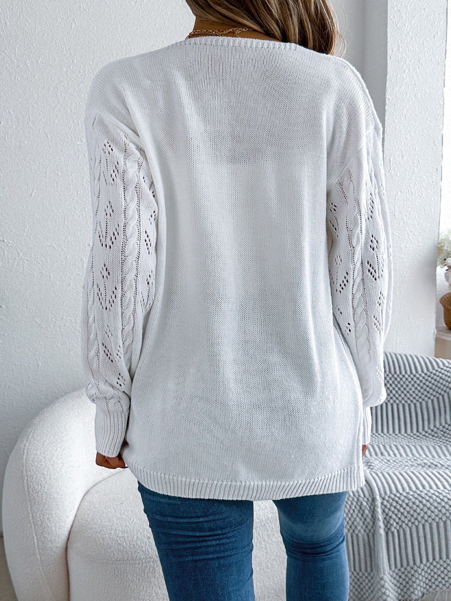 White Self Design Open Front Acrylic Shrug