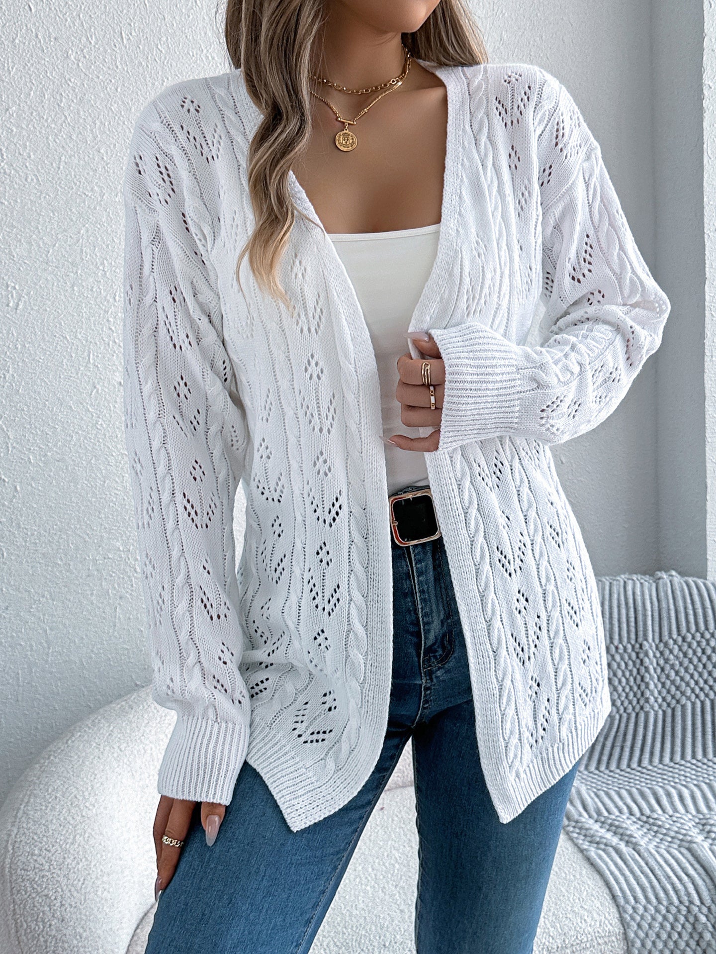 White Self Design Open Front Acrylic Shrug