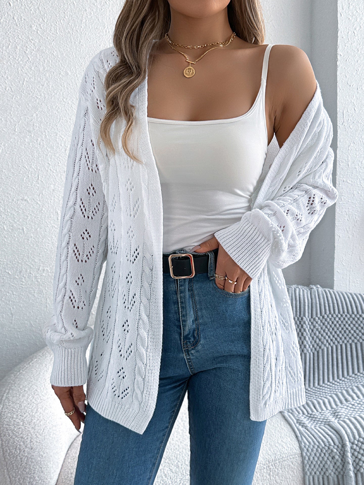 White Self Design Open Front Acrylic Shrug