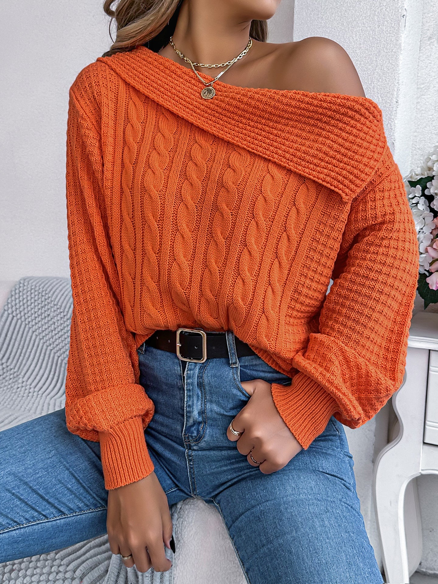 Women Cable Knit Self Design Long Sleeves Pullover
