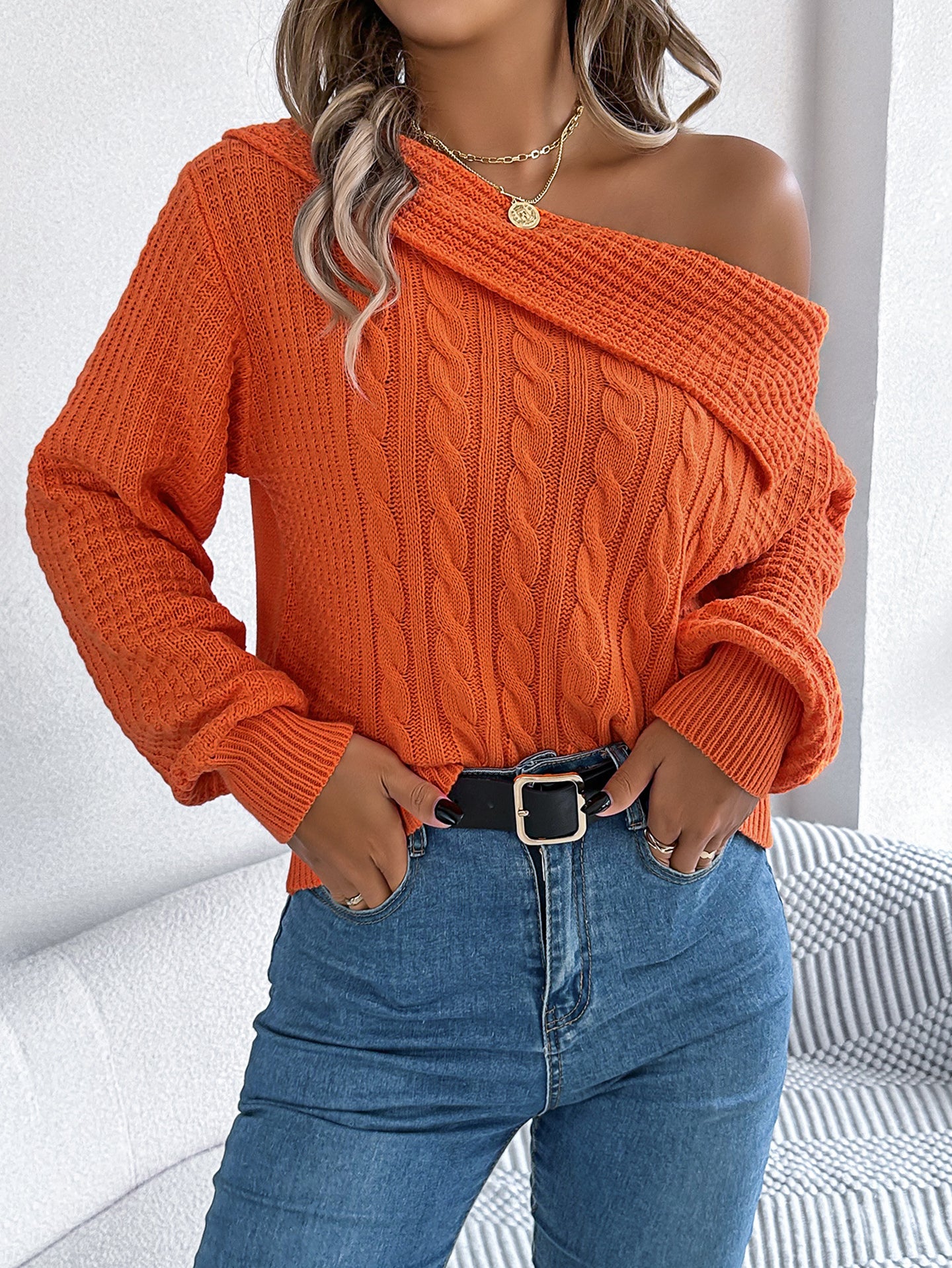 Women Cable Knit Self Design Long Sleeves Pullover