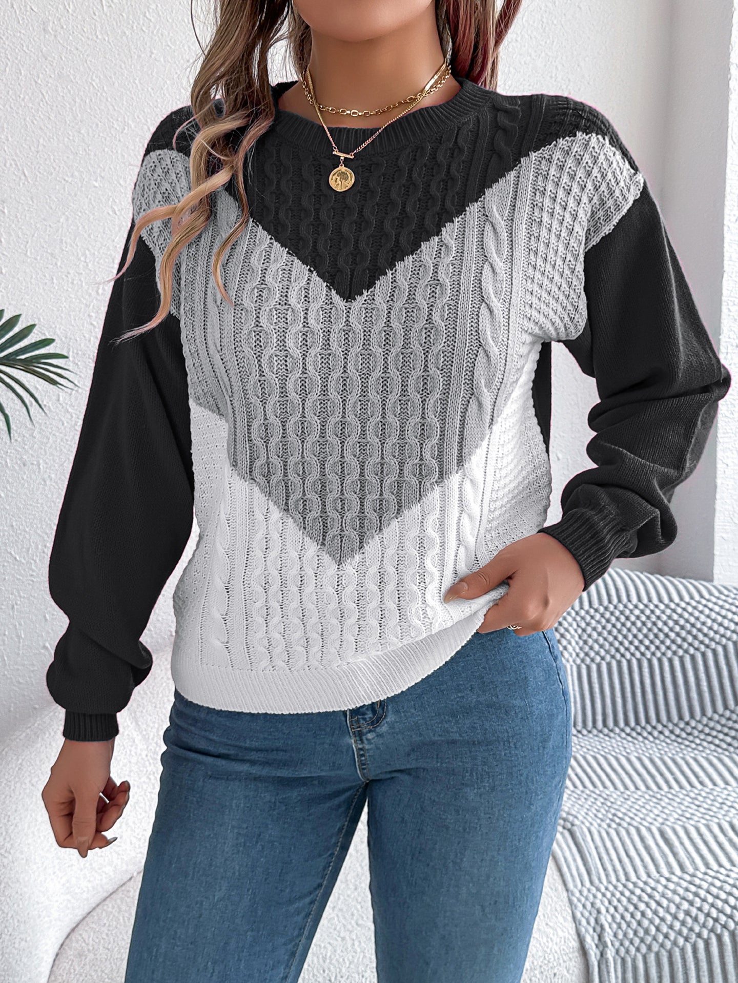 Women Colourblocked Round Neck Sweater