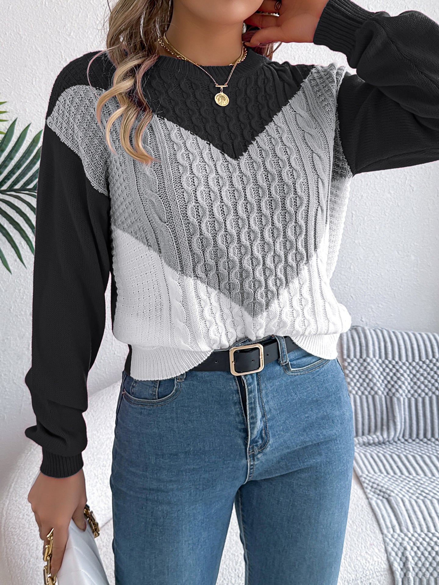 Women Colourblocked Round Neck Sweater