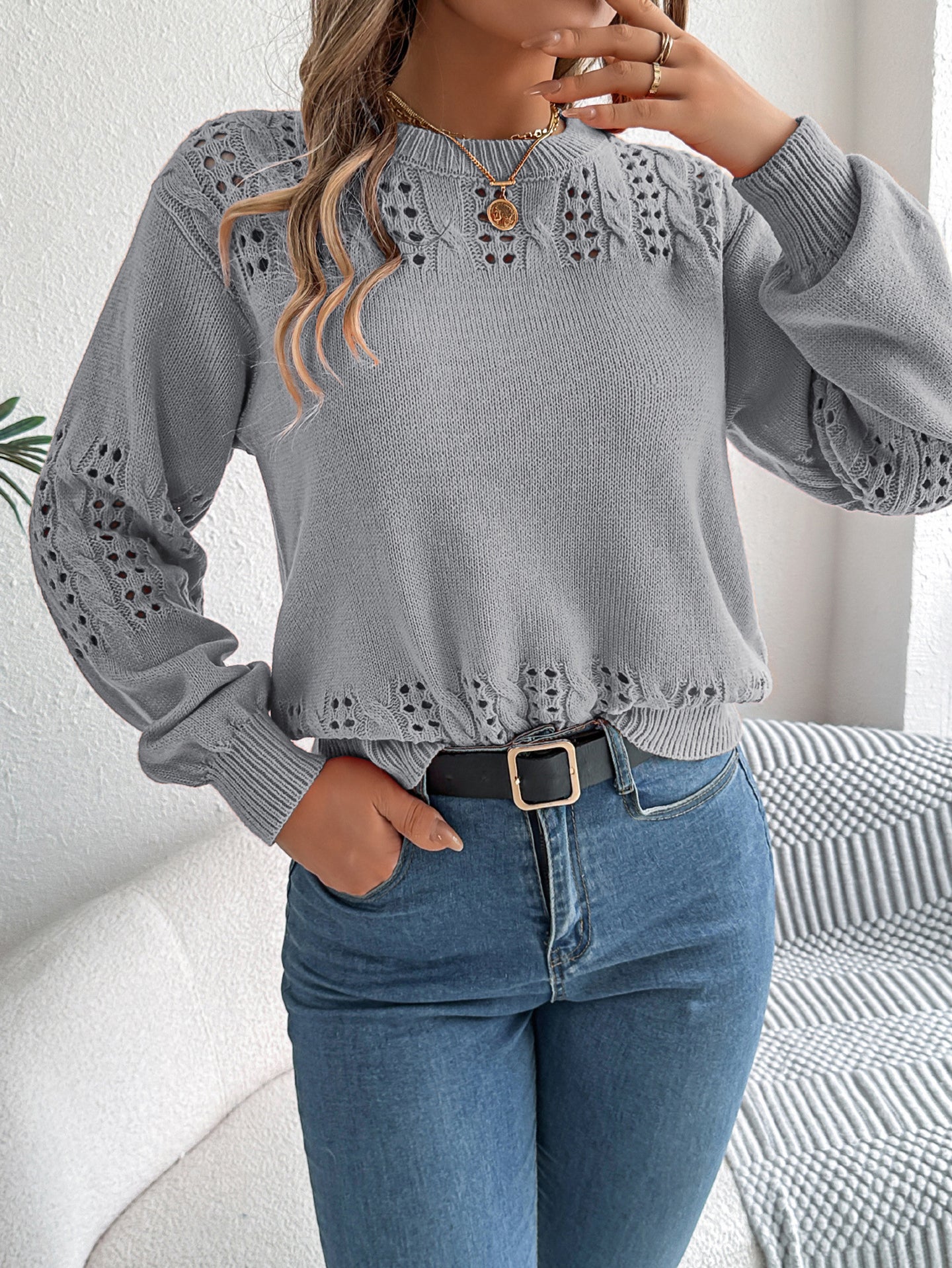 Women Round Neck Self Design Pullover