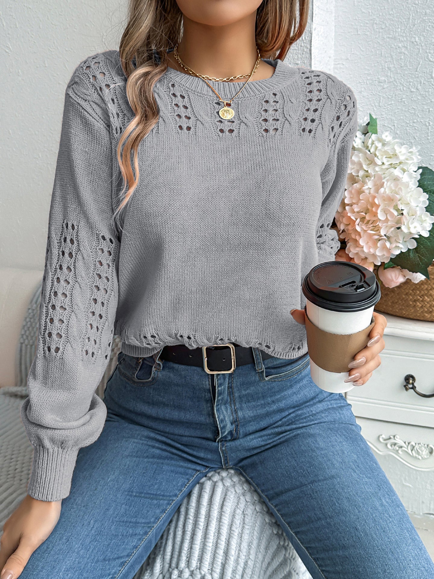 Women Round Neck Self Design Pullover