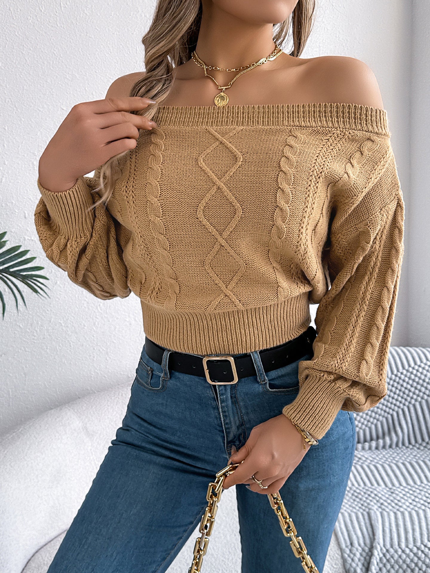 Women Cable Knit Crop Pullover