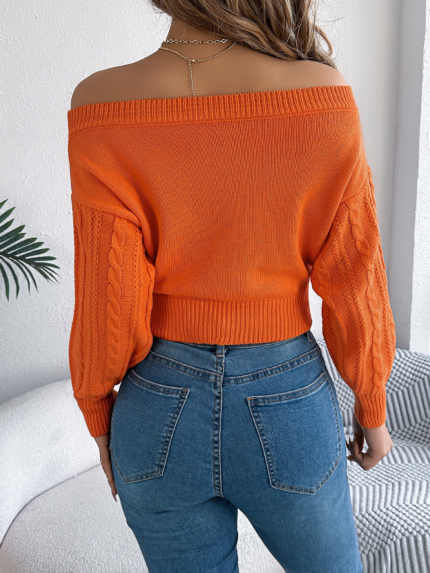 Women Off-Shoulder Long Sleeves Cable Knit Crop Sweater Vest