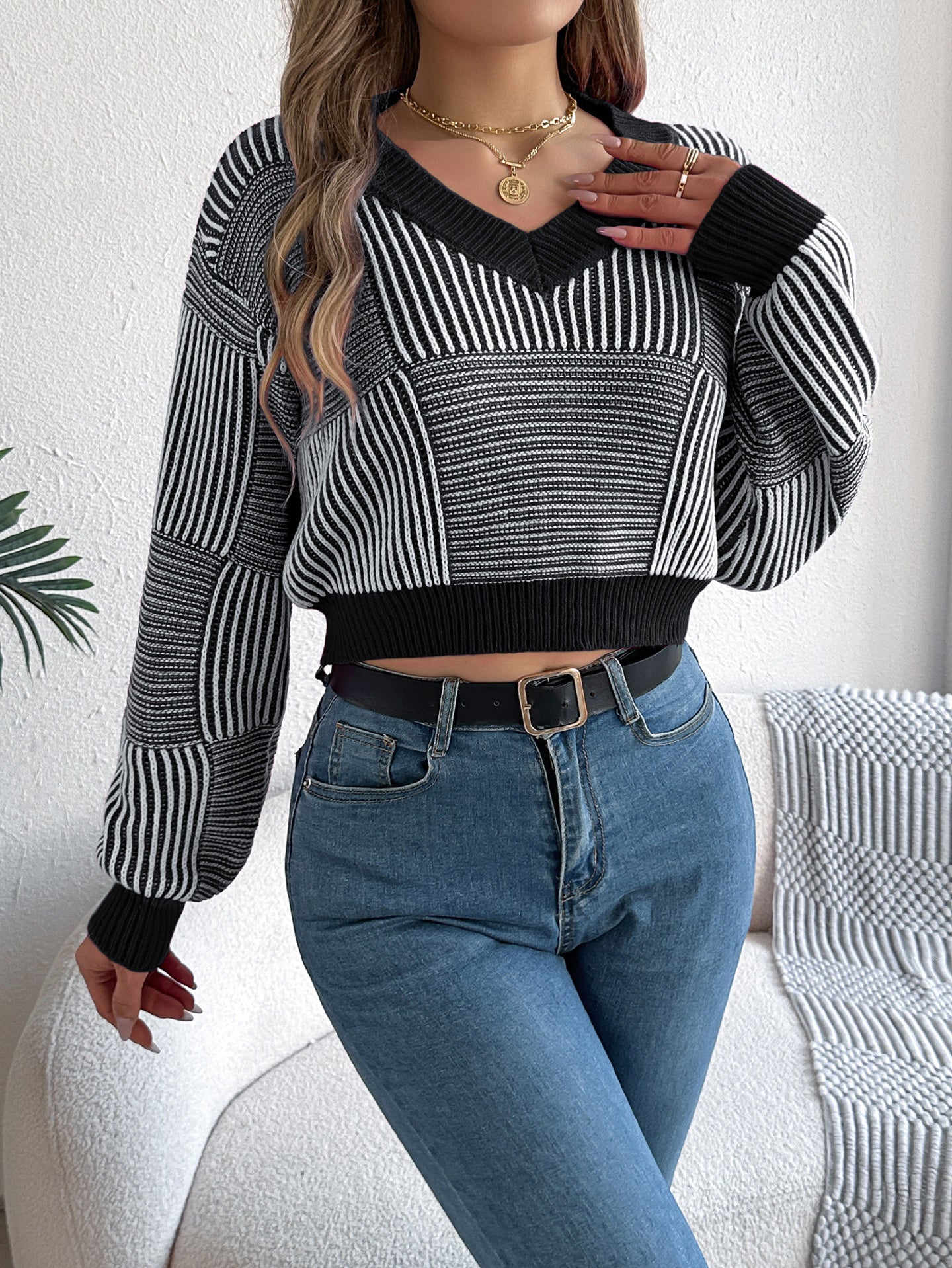 Women Striped Crop Pullover Sweaters