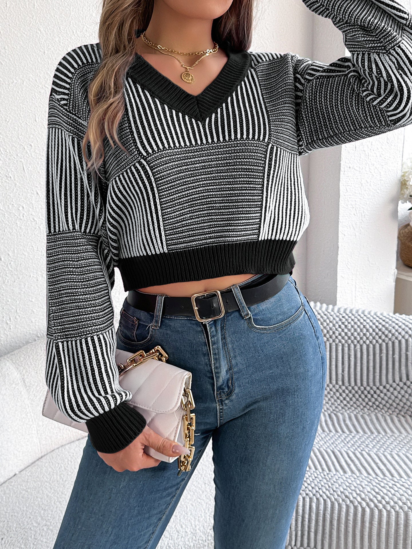 Women Striped Crop Pullover Sweaters