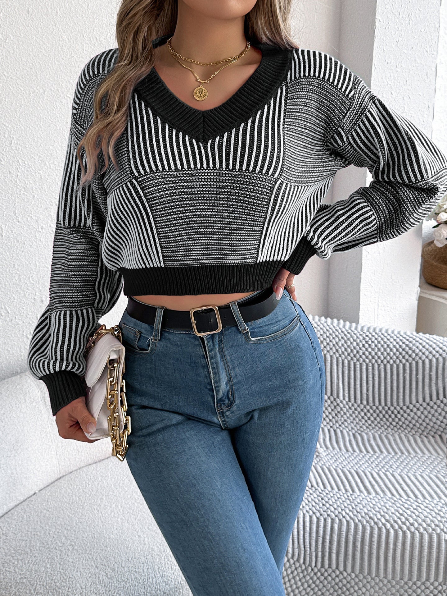 Women Striped Crop Pullover Sweaters