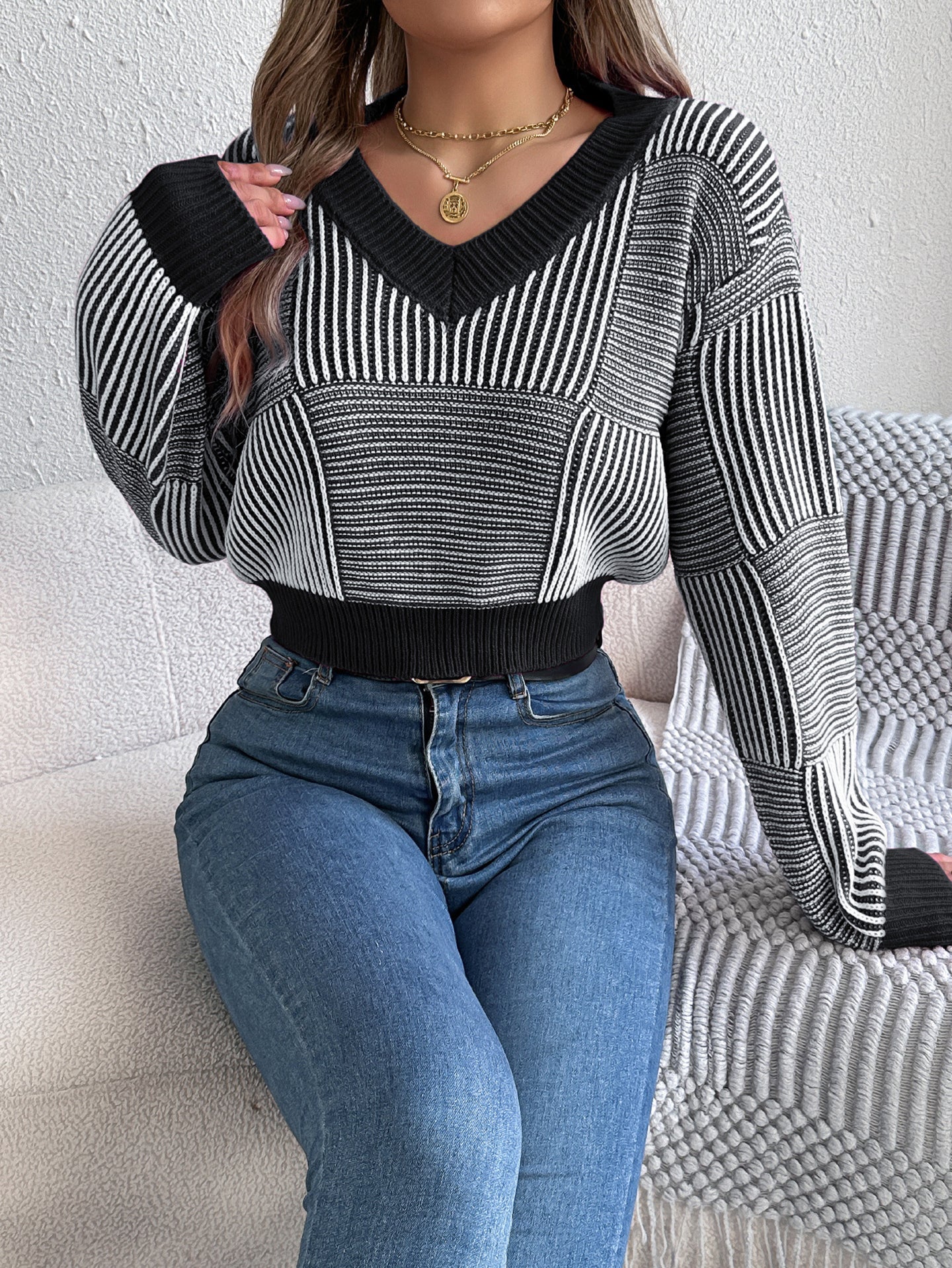 Women Striped Crop Pullover Sweaters