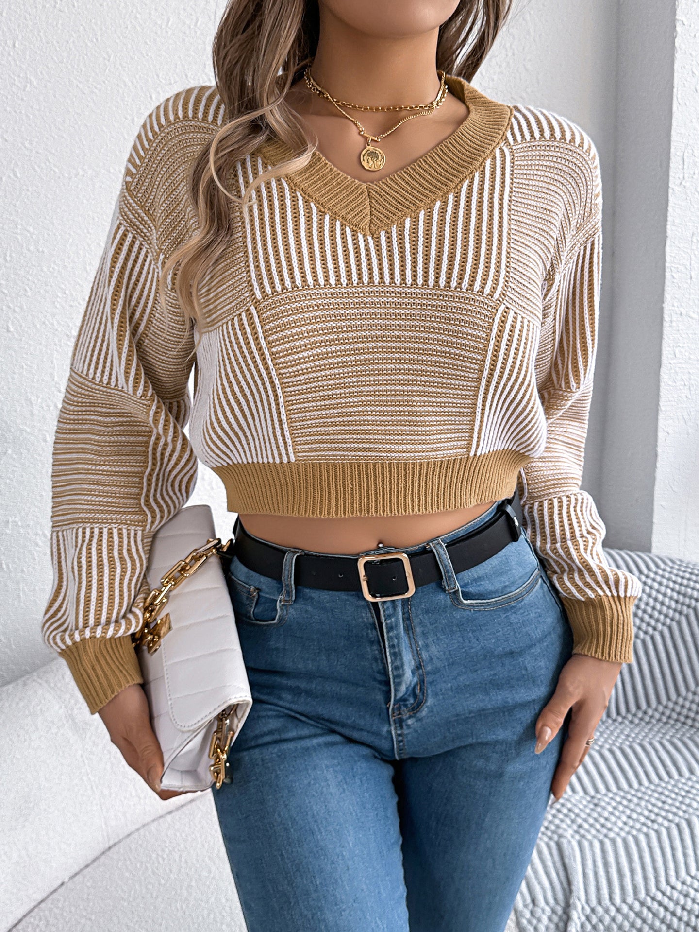 Women Striped Crop Pullover Sweater