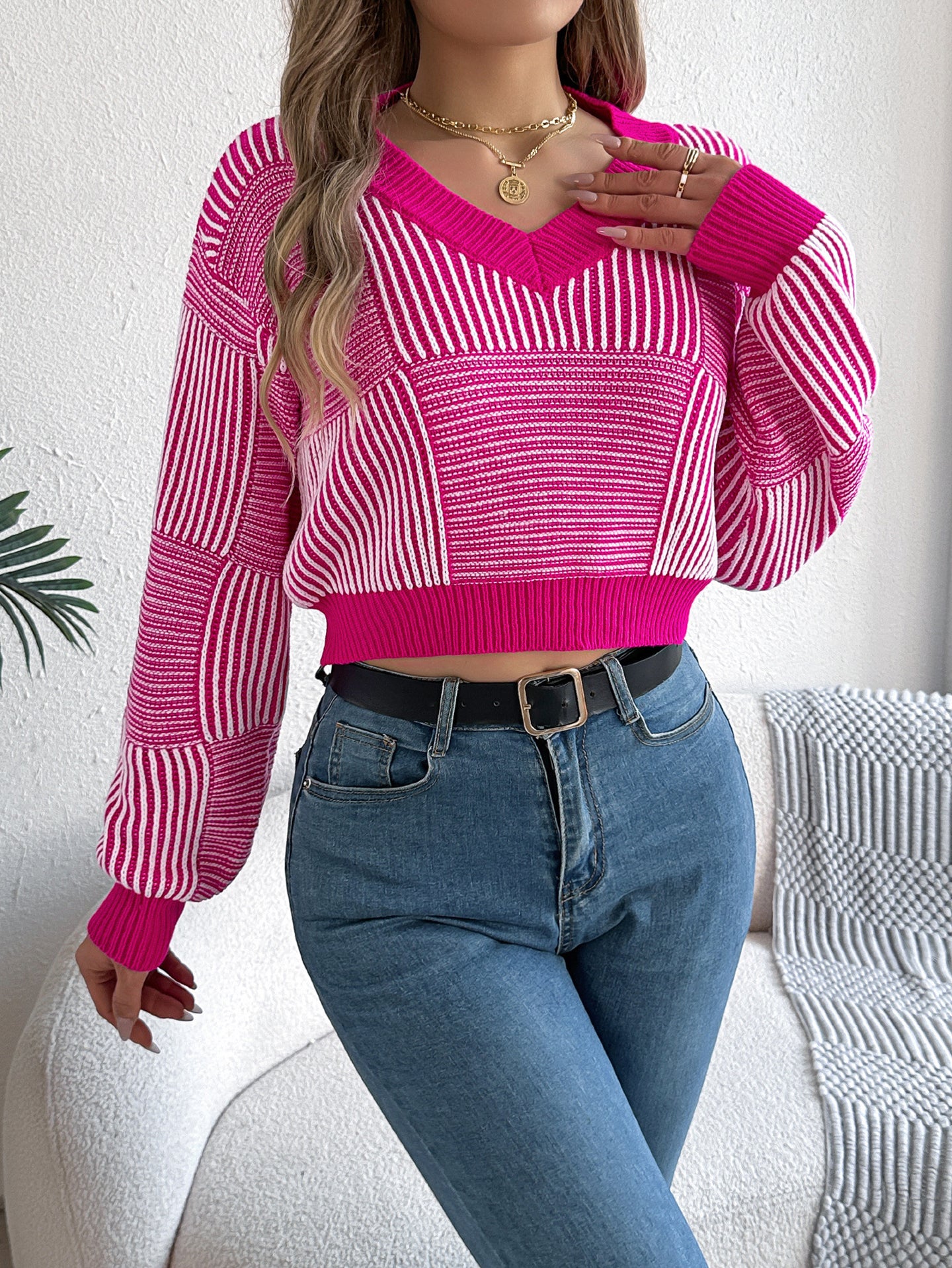 Women Striped Crop Pullover