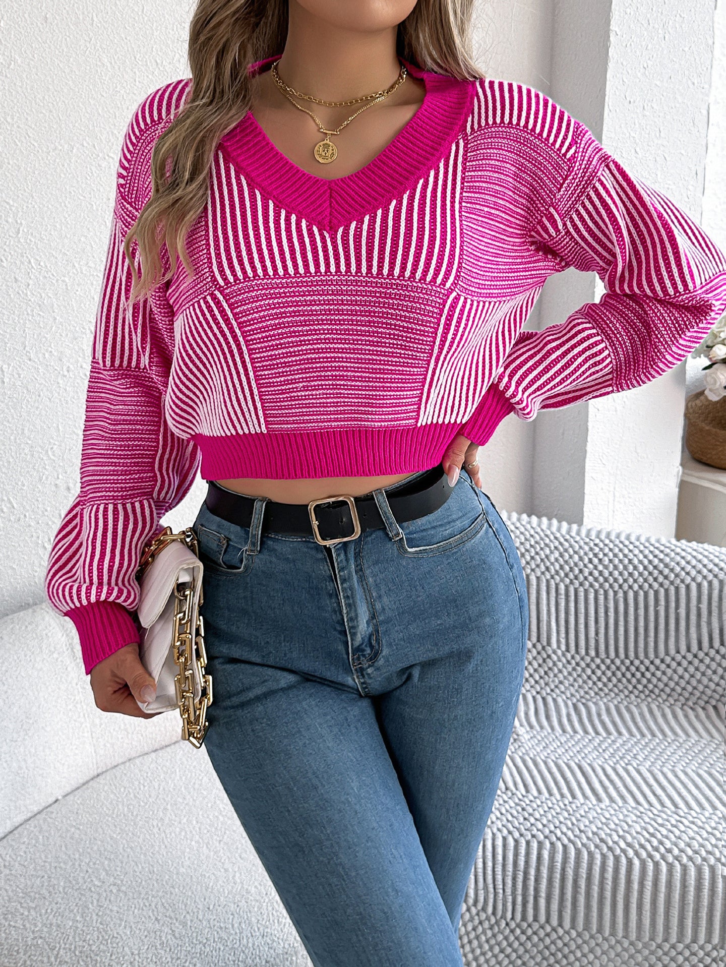 Women Striped Crop Pullover