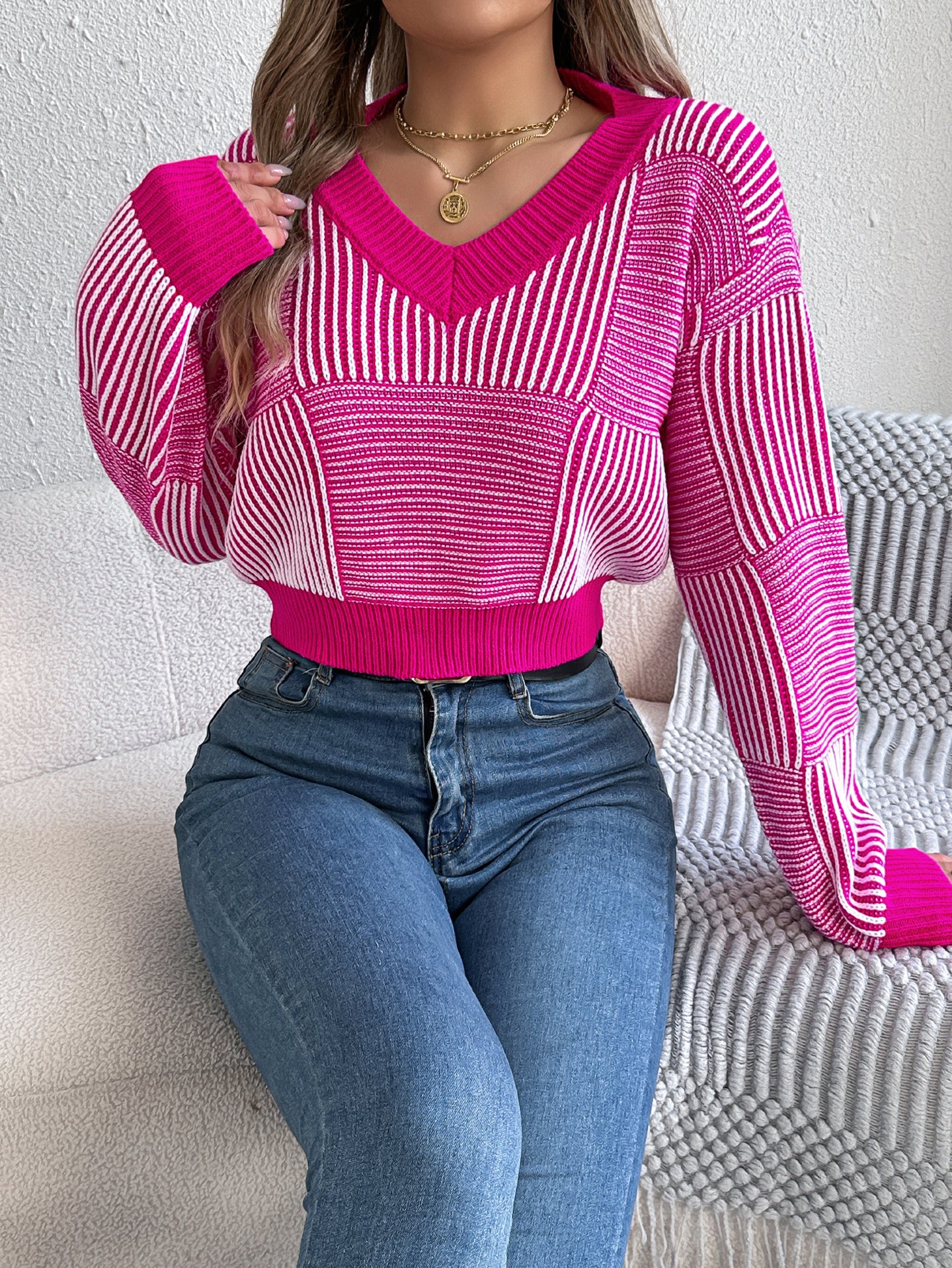 Women Striped Crop Pullover