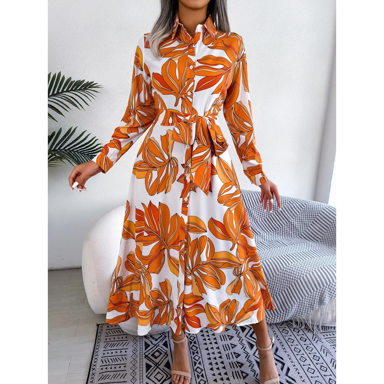 Orange Floral Shirt Midi Dress