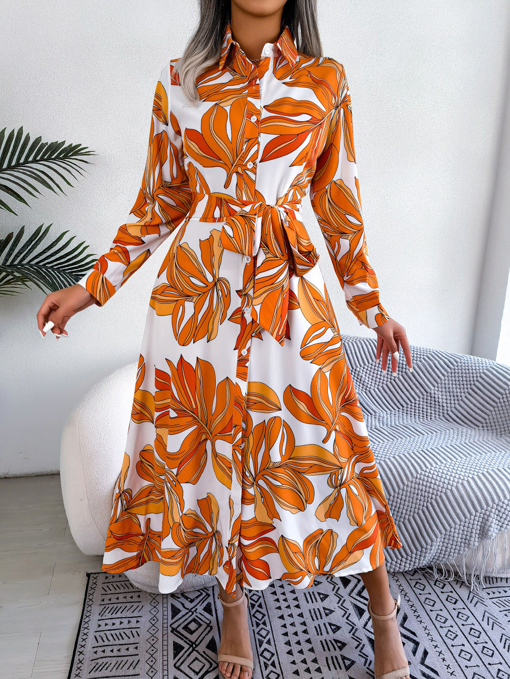 Orange Floral Shirt Midi Dress