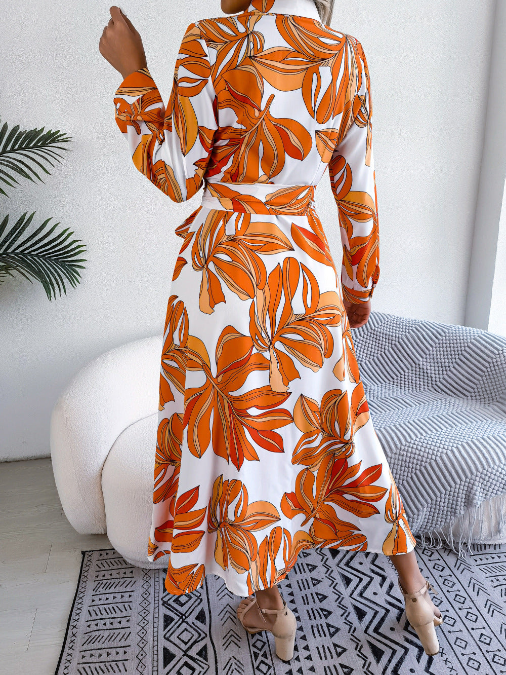 Orange Floral Shirt Midi Dress