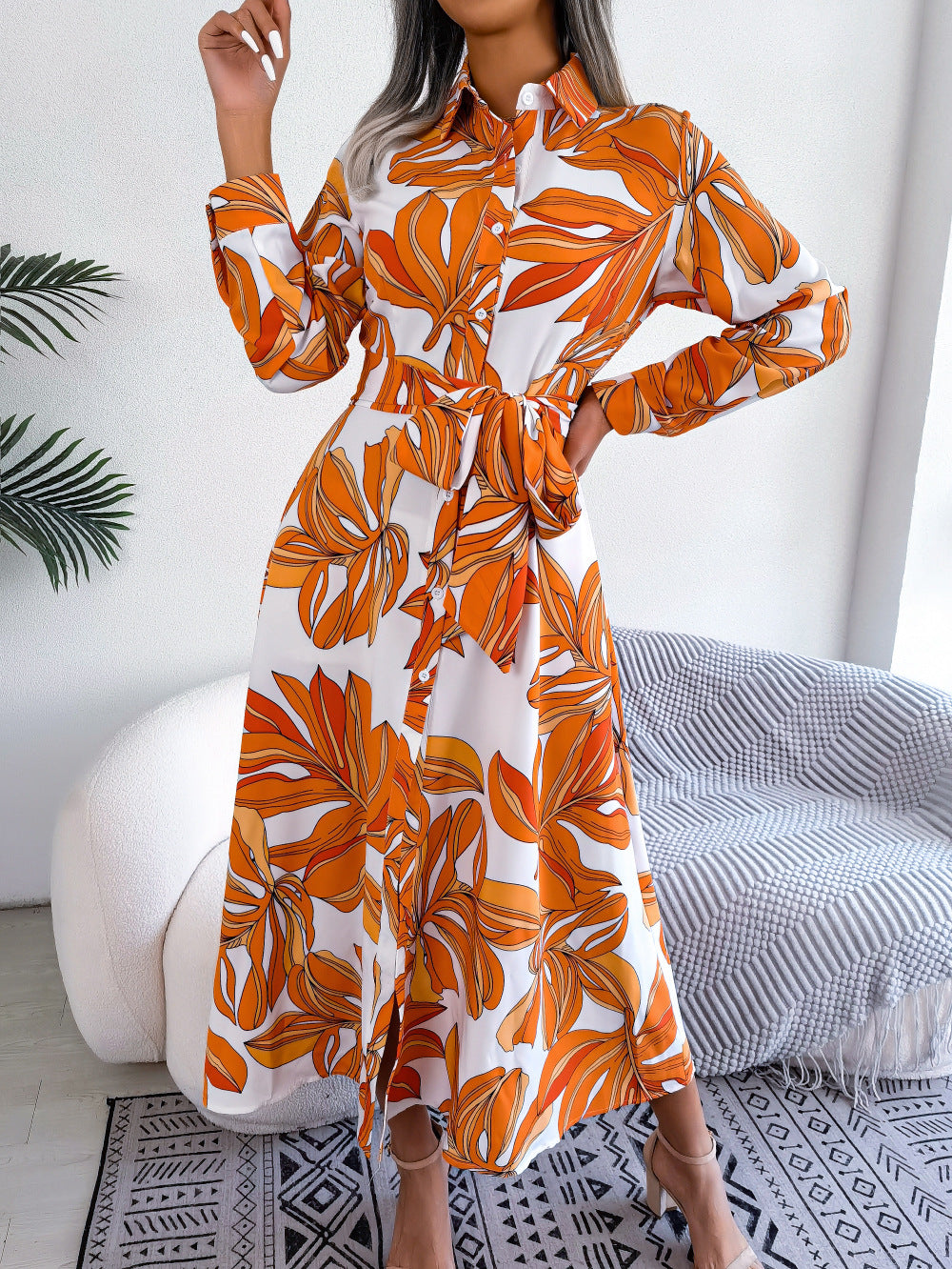 Orange Floral Shirt Midi Dress
