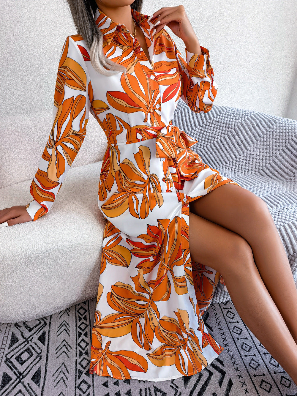 Orange Floral Shirt Midi Dress