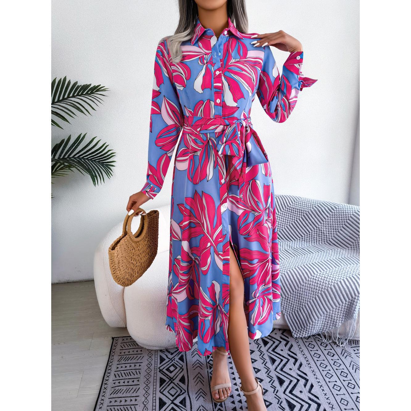 Fuchsia Tropical Print Cuffed Sleeves Shirt Midi Dress