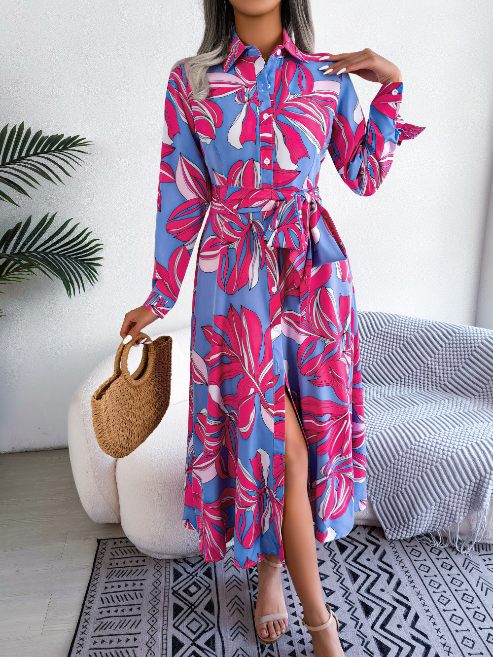 Fuchsia Tropical Print Cuffed Sleeves Shirt Midi Dress
