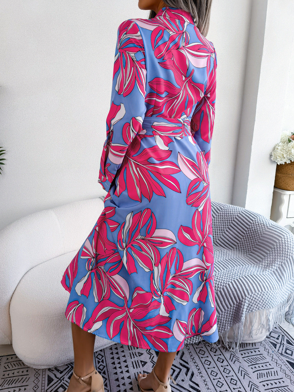 Fuchsia Tropical Print Cuffed Sleeves Shirt Midi Dress