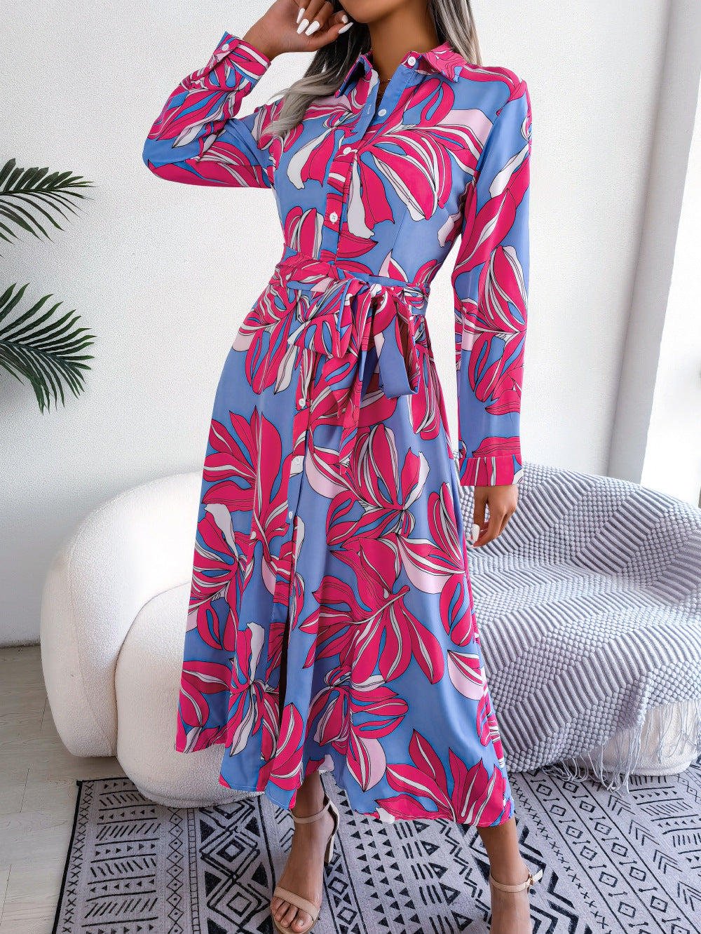 Fuchsia Tropical Print Cuffed Sleeves Shirt Midi Dress