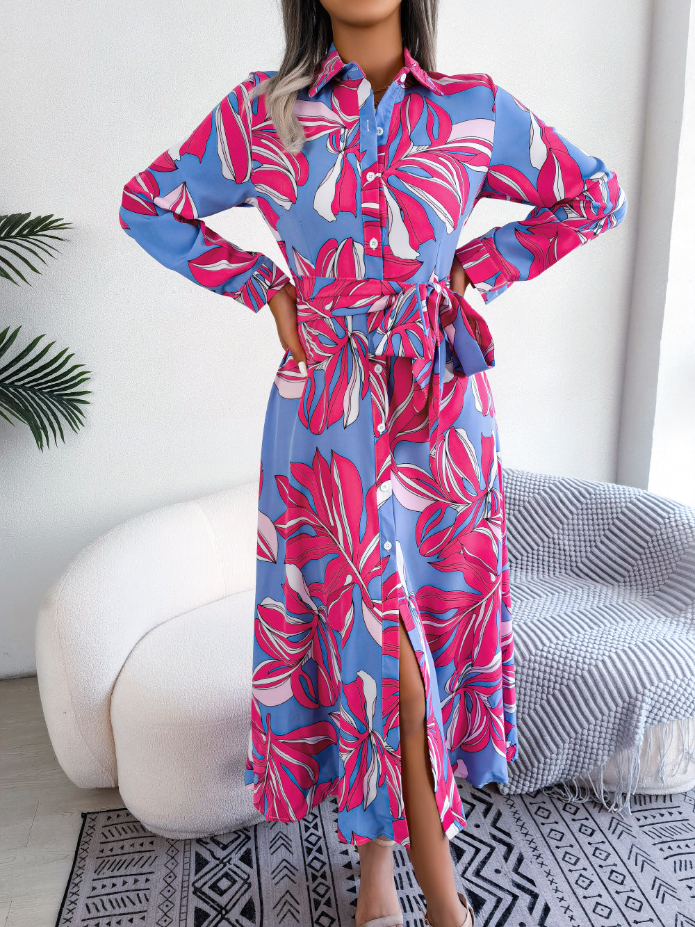 Fuchsia Tropical Print Cuffed Sleeves Shirt Midi Dress