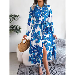 Blue Floral Print Shirt Midi Dress