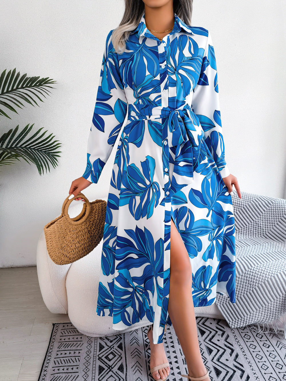 Blue Floral Print Shirt Midi Dress