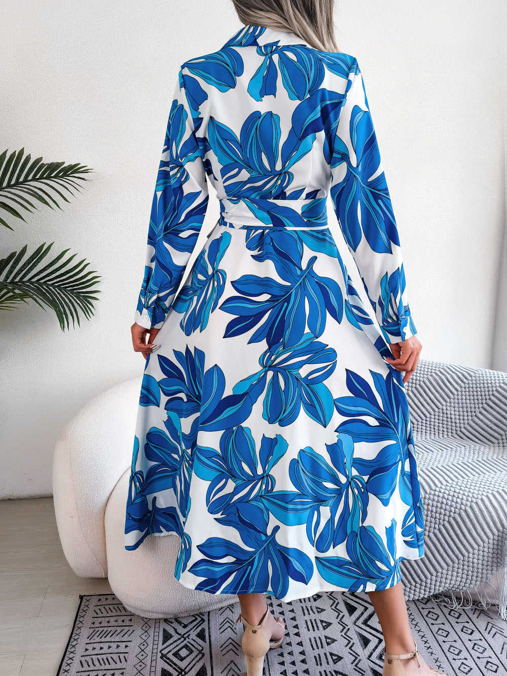Blue Floral Print Shirt Midi Dress