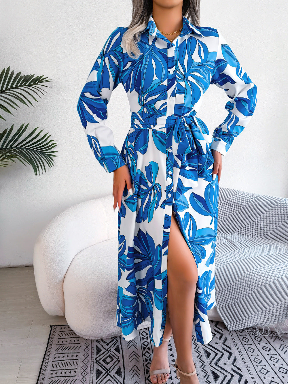 Blue Floral Print Shirt Midi Dress